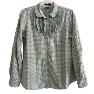 Gap Plaid Ruffle Preppy Academia Neck Button Up Top Size 12